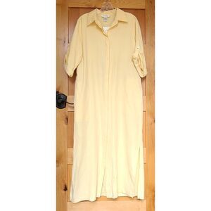 NEW H Look Silk Linen Butter Yellow Maxi Shirt Dress MEDIUM Roll Tab Sleeves M